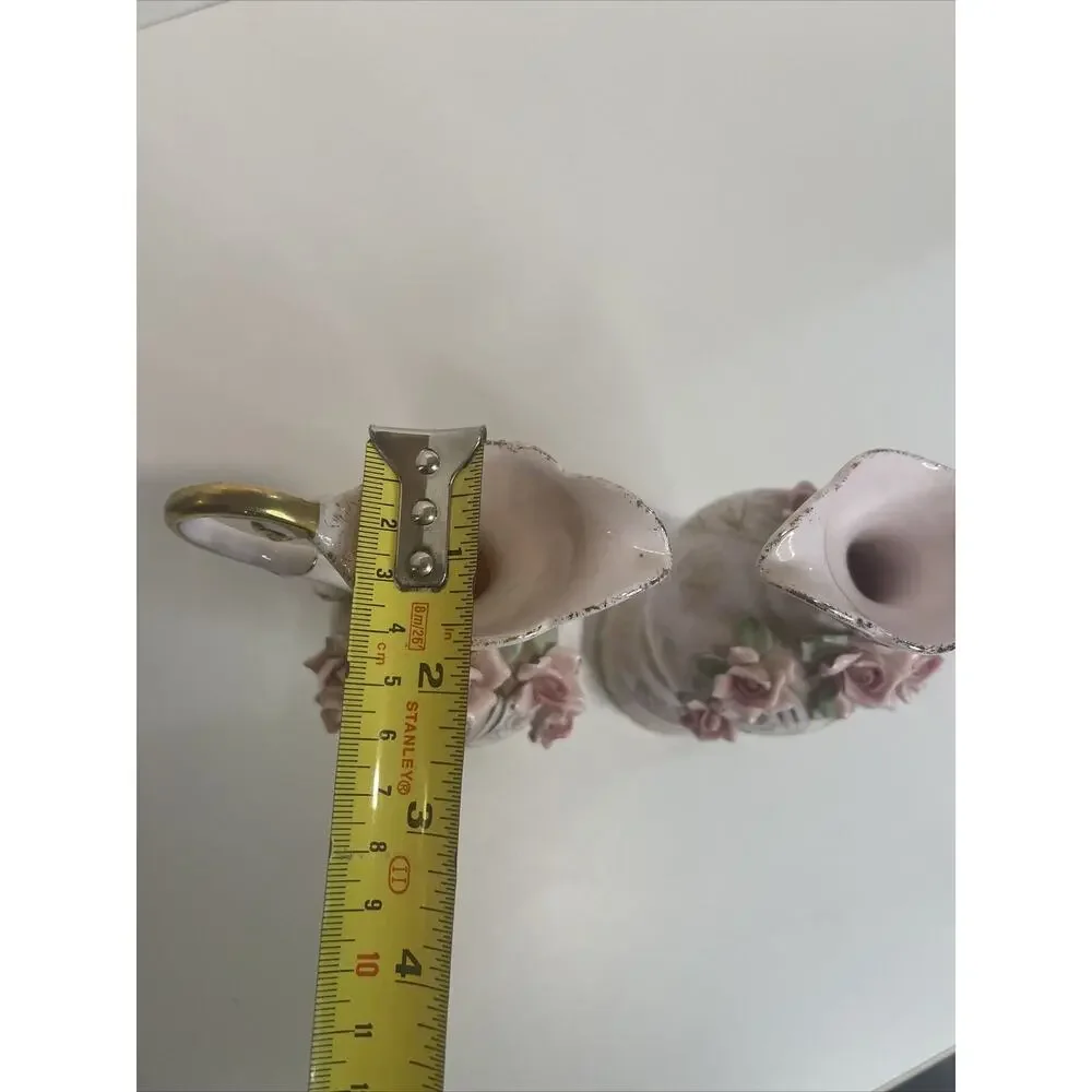 Vintage Lefton China Pink Roses Pitcher Vase Pair See Description